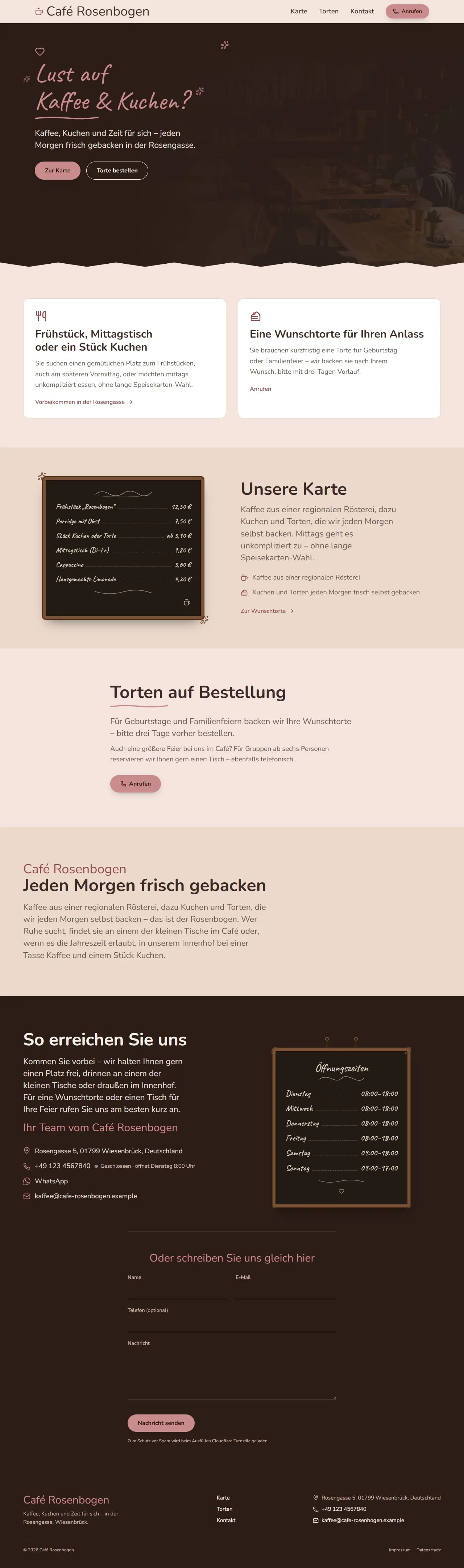 Startseite des erfundenen Beispielbetriebs Café Rosenbogen