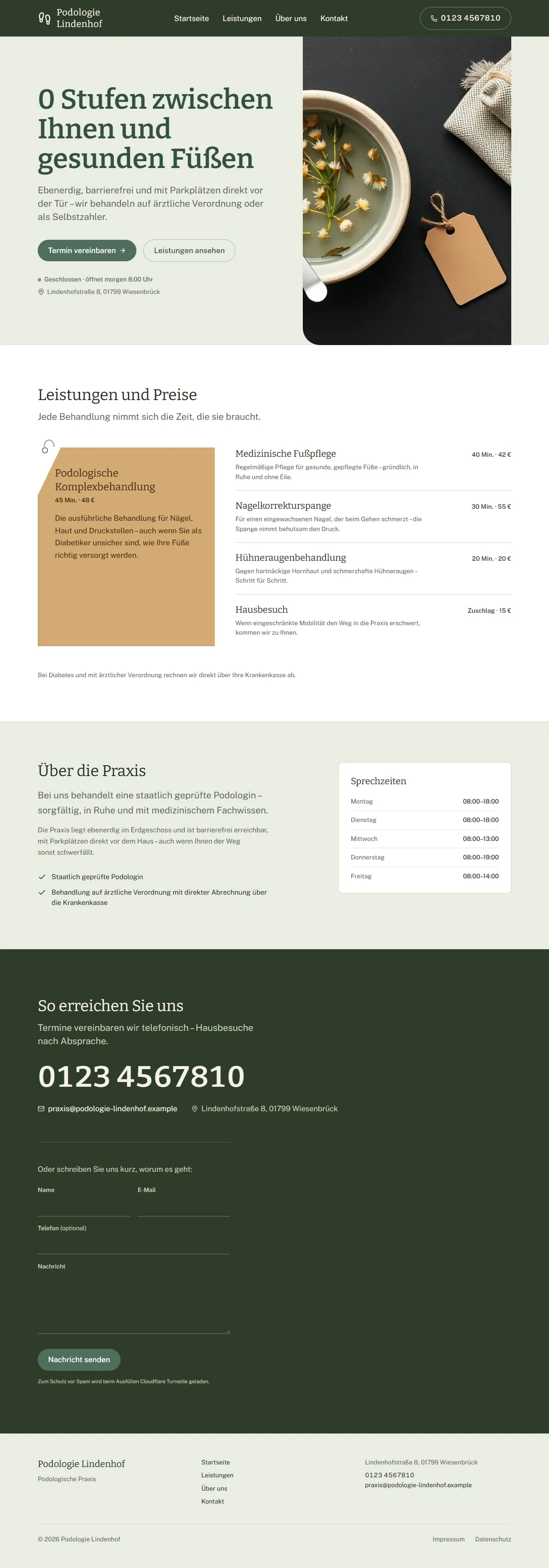 Startseite des erfundenen Beispielbetriebs Podologie Lindenhof